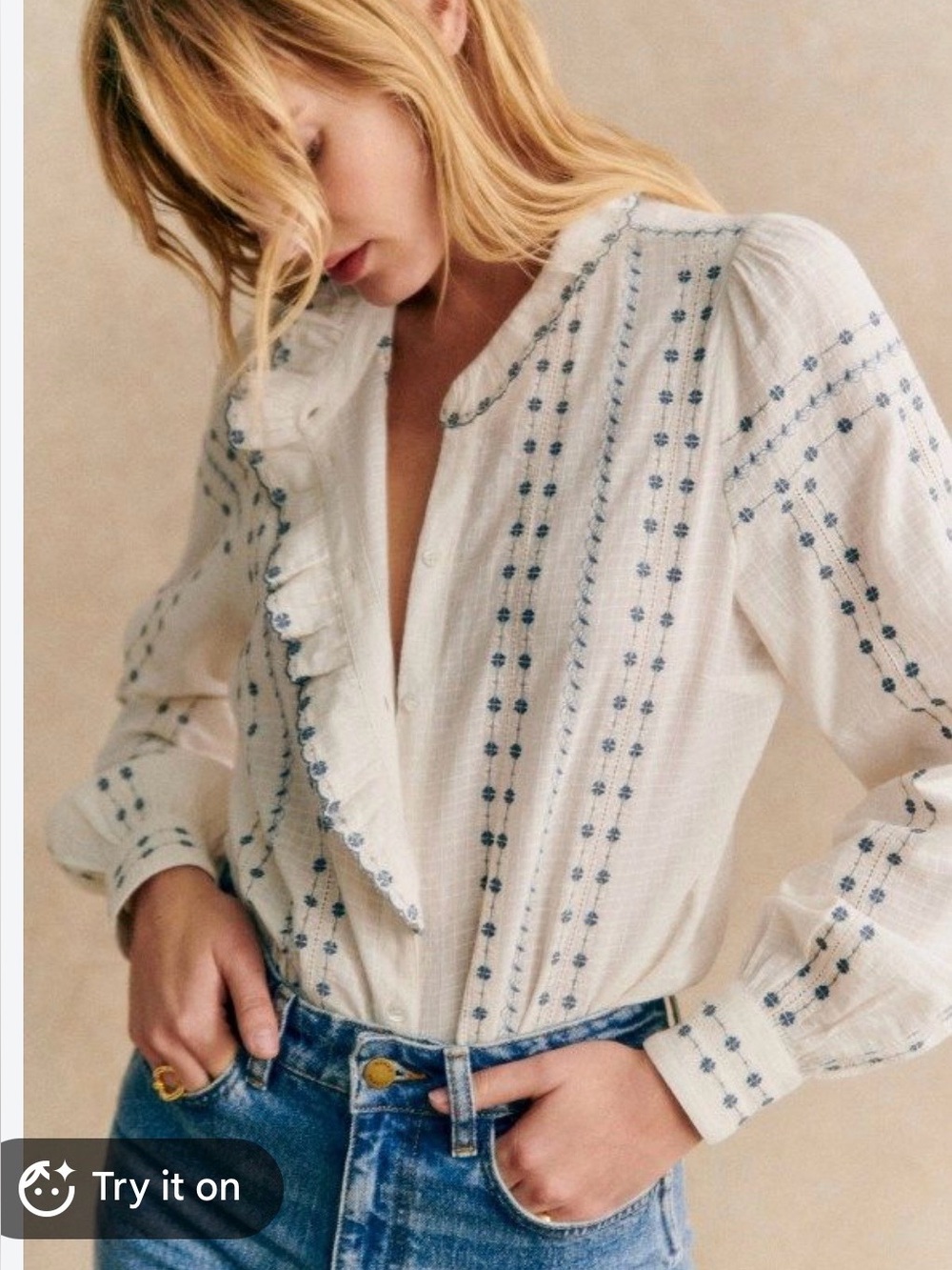 Sezane Cream Blouse with Navy Embroidered Stripes